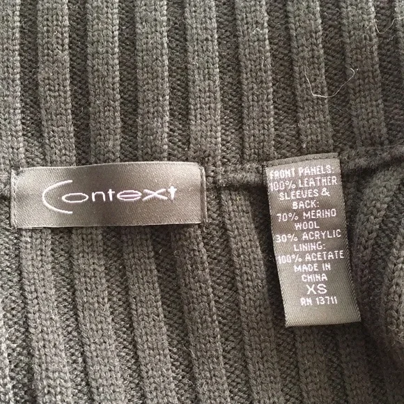 Context black funnel neck real leather n knit snap up cardigan sweater N…